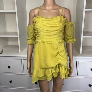 TOBI Yellow Swiss Dot Ruffle Cold Shoulder Mini Dress XS